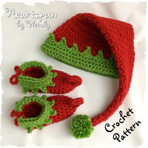 CROCHET PATTERN for you to make a Christmas Elf Baby and Child Hat and Shoe Set in 5 sizes, Great photo prop. Pdf Format Instant Download image 1