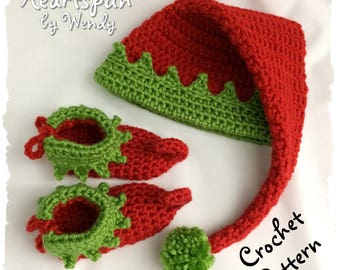 HÄKELANLEITUNG zum basteln eines Weihnachtself Baby und Kinder Mütze und Schuh Set in 5 Größen, Tolle Fotorequisite. Pdf-Format Sofortiger Download