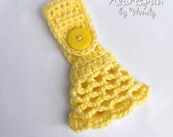 READY TO SHIP Lemon Yellow Towel Holder Ring with Lattice Skirt, sturdy ring and foldover button strap, for dish or hand towels