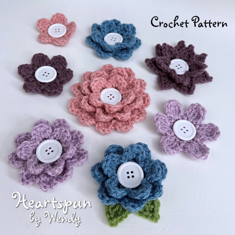 CROCHET PATTERN to make Single, Double, Triple Layer Flowers, 5 flowers with 2 petal variations and leaves. PDF Format, Instant Download image 6