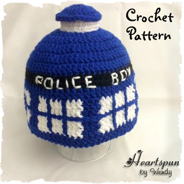 CROCHET PATTERN to make a Dr. Who Tardis Hat, Pdf Format, Instant Download.