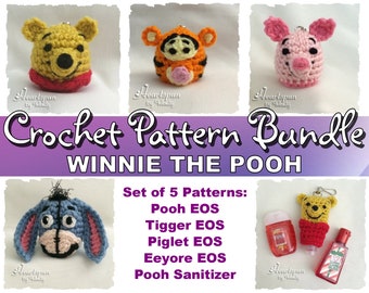 SAVE on this CROCHET PATTERN Bundle to make Winnie the Pooh Eos and Hand Sanitizer Holders.  Pooh, Tigger, Piglet, Eeyore. Instant download.