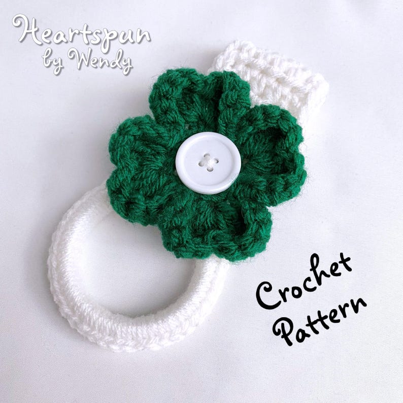 CROCHET PATTERN 3D Shamrock Four Leaf Clover Towel Holder Ring with two strap styles for hand or dish towels. PDF Download image 4