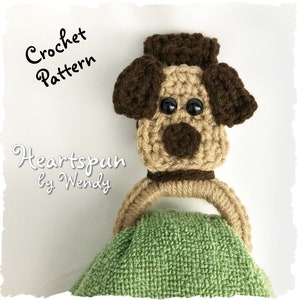 CROCHET PATTERN to make a Puppy Dog Towel Ring with fold over strap or knob hole strap for hand or dish towels. Instant Download, PDF