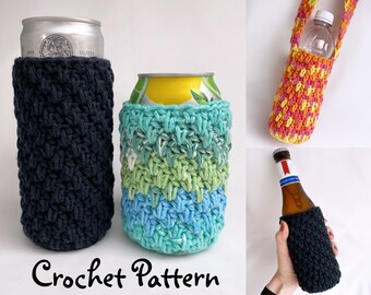 CROCHET PATTERN for you to make a Spike Stitch Cozy for Cans, Skinny Cans, Water Soda or Beer Bottles, plus optional strap, Instant download