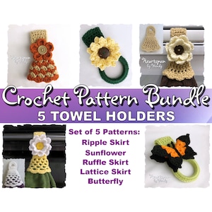 SAVE on this CROCHET PATTERN Bundle for Kitchen or Bath Towel Holders in 5 styles, all with 2 strap styles, flowers optional! Pdf Download