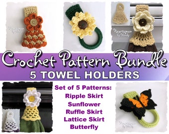 SAVE on this CROCHET PATTERN Bundle for Kitchen or Bath Towel Holders in 5 styles, all with 2 strap styles, flowers optional! Pdf Download