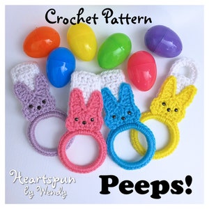 CROCHET PATTERN to make a Peeps Bunny Towel Holder Ring with fold over strap or knob hole strap for hand or dish towels. Spring Easter decor