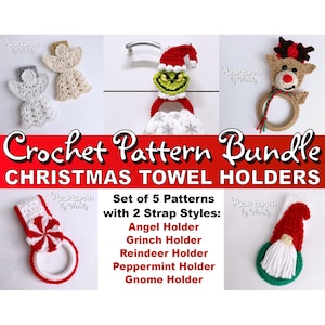SAVE on this CROCHET PATTERN Bundle for Kitchen or Bath Christmas Holiday Towel Holders in 5 styles, all with 2 strap styles! Pdf Download