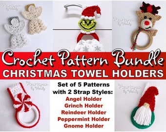 SAVE on this CROCHET PATTERN Bundle for Kitchen or Bath Christmas Holiday Towel Holders in 5 styles, all with 2 strap styles! Pdf Download