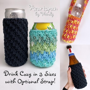 May include: Crochet drink cozy in three sizes with an optional strap. The cozy is made in a variety of colors, including black, blue, green, and orange. The text "Heartspun by Wendy" is visible in the image.