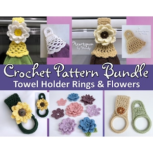 May include: Crochet pattern bundle for towel holder rings and flowers. The bundle includes patterns for a variety of flower designs, including sunflowers, daisies, and other floral motifs. The patterns also include instructions for creating towel holder rings.