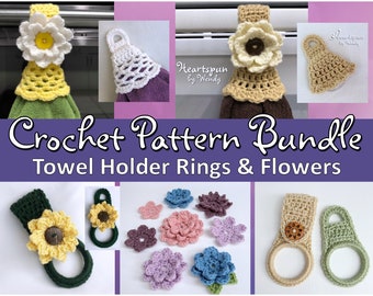 SAVE on this CROCHET PATTERN Bundle for Kitchen or Bath Towel Holders in 4 styles, plus a pattern with multiple flower styles! Pdf Download
