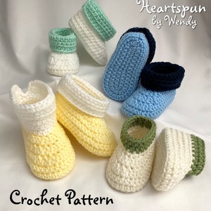 May include: Crochet pattern for baby booties in various colors, including yellow, white, blue, and green. The pattern is called "Heartspun by Wendy".