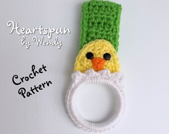 CROCHET PATTERN for you to make a Hatching Chick Towel Holder Ring with fold over strap or knob hole strap for hand or dish towels.