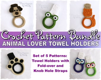 SAVE on this CROCHET PATTERN Bundle for Animal Lovers. Puppy Dog, Cat, Frog, Paw Print, and Owl Kitchen or Bath Towel Holders! Pdf Download