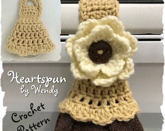 CROCHET PATTERN to make a Ruffle Skirt Towel Ring with foldover or knob strap, optional flower, hand or dish towels. Instant Download, PDF