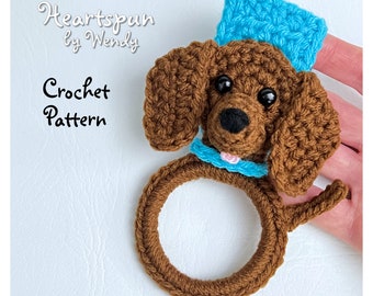 CROCHET PATTERN to make a Dachshund Dog Towel Holder Ring with fold over strap or knob hole strap. Instant Download, PDF