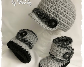 READY TO SHIP Newsboy Baby Hat and Ankle Wrap Boot Set, Soft and Cuddly, 3 to 6 Month size. Hand Crocheted. Baby Hat and Baby Bootie Shoes