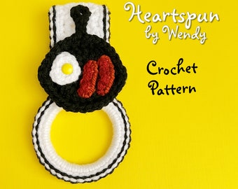 CROCHET PATTERN to make a Cast Iron Skillet Kitchen or Bath Towel Holder Ring with optional Bacon & Egg, Skillet Applique. Digital Download