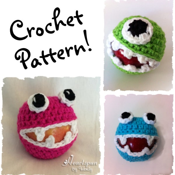 CROCHET PATTERN to make a Monster Fruit Cozy in 2 different styles, Fits apples, oranges, similar size fruit. PDF Format, Instant Download
