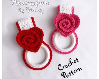 CROCHET PATTERN for you to make a Rose Heart Towel Ring with fold over strap or knob hole strap for hand or dish towels. Instant Download