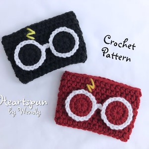 May include: Crochet pattern for a Harry Potter themed cup cozy. The cozy is made in black and red yarn with white yarn used to create the glasses and a yellow lightning bolt. The pattern is called "Heartspun by Wendy".