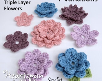 CROCHET PATTERN to make Single, Double, Triple Layer Flowers, 5 flowers with 2 petal variations and leaves.  PDF Format, Instant Download