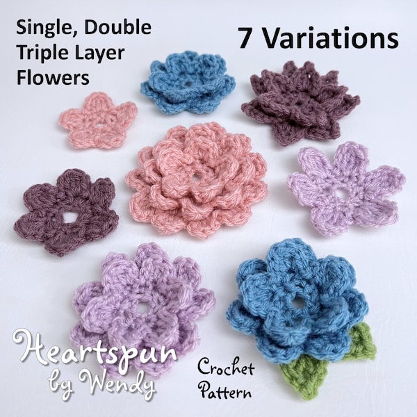 MODÈLE AU CROCHET pour réaliser des fleurs simples, doubles, triples, 5 fleurs avec 2 variations de pétales et de feuilles. Format PDF, téléchargement instantané