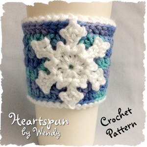 CROCHET PATTERN to make an Ice Crystal and Snowflake Coffee or Tea Cup Cozy with large Snowflake Applique, Pdf Format, Instant Download. image 2