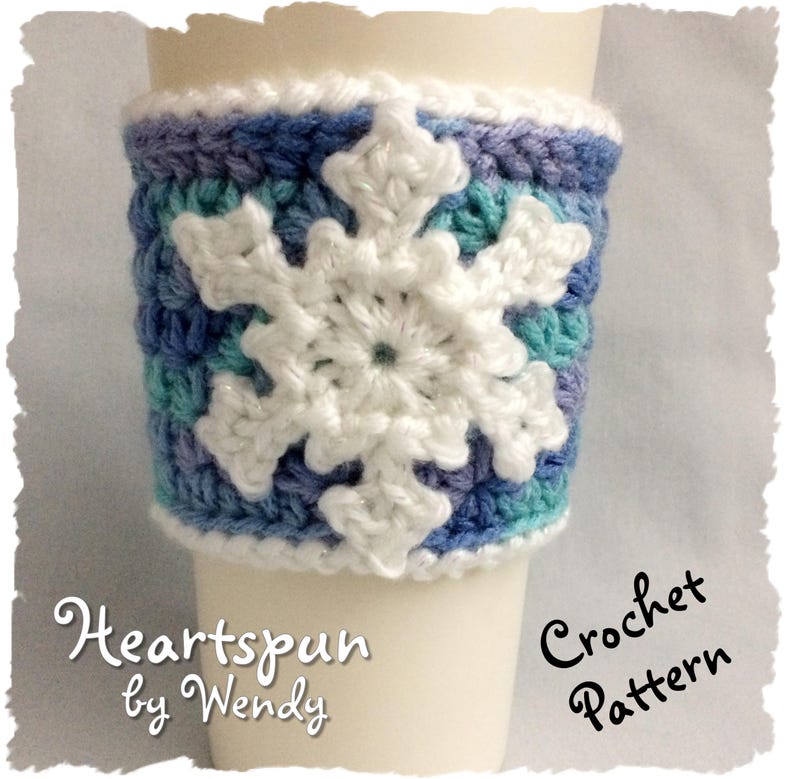 CROCHET PATTERN to make an Ice Crystal and Snowflake Coffee or Tea Cup Cozy with large Snowflake Applique, Pdf Format, Instant Download. image 2