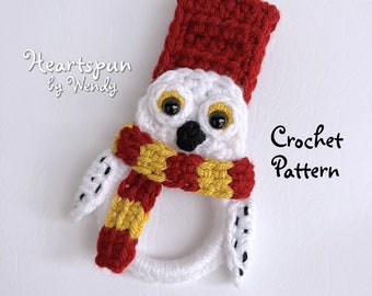 CROCHET PATTERN to make a Snowy Owl Towel Ring with Scarf, fold-over or knob hole strap, for hand or dish towels. Instant Download, PDF