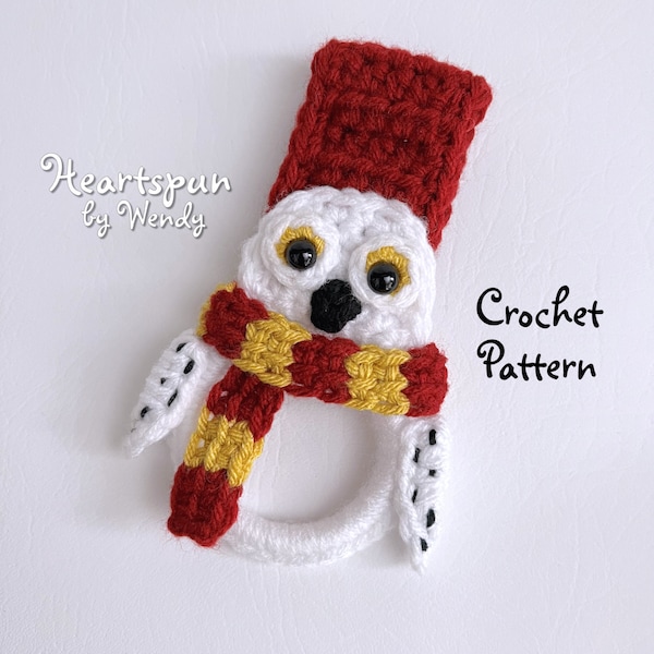 CROCHET PATTERN to make a Snowy Owl Towel Ring with Scarf, fold-over or knob hole strap, for hand or dish towels. Instant Download, PDF