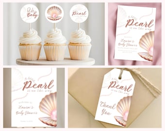 Paquete de Baby Shower de Perlas, plantilla editable de Canva (descarga digital)