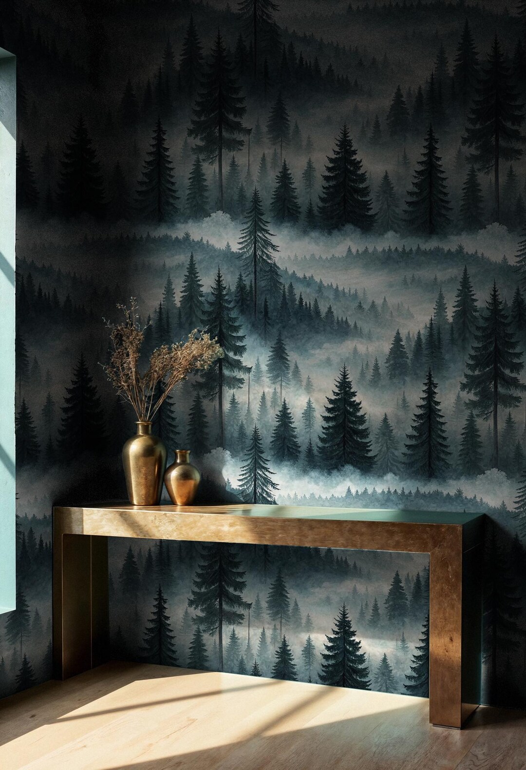 Misty Pine Forest Wallpaper | Foggy Woodland Wall Mural | Peel and ...