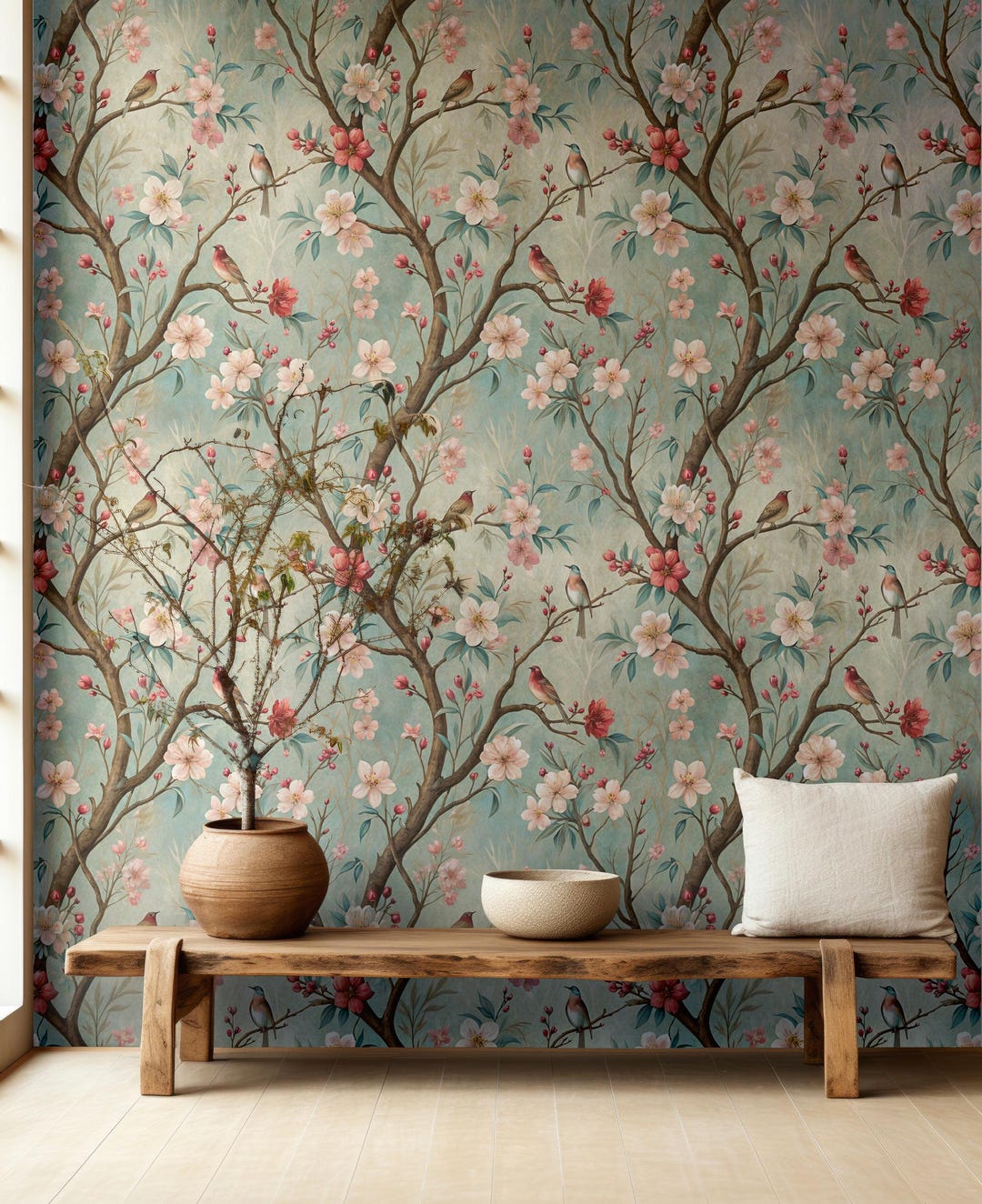 Cherry Blossom Wallpaper Chinoiserie Birds and Flowers, Soft Pastel ...
