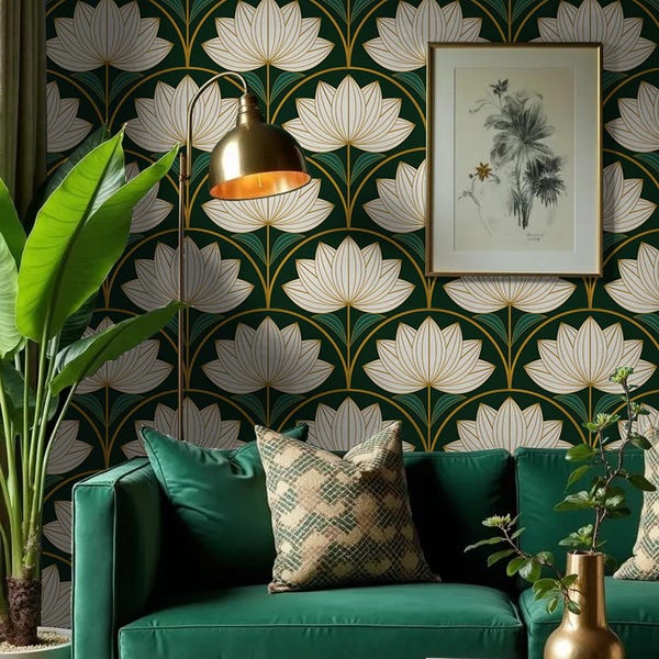 Papel pintado Art Déco Lotus / Despegar y pegar, floral, dorado, verde, mural de pared