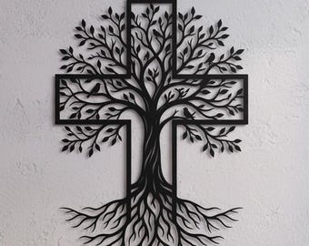 Tree of Life Cross Metal Wall Art, Laser Cut Christian Home Decor, Religious Gift, Faith Wall Sign, Cross with Roots