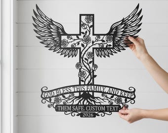 Personalized Cross Metal Sign, Custom Family Name Angel Wings Rose Wall Decor, God Bless This Family Christian Faith Gift
