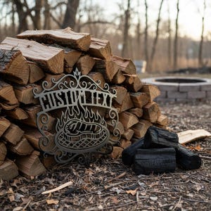 Puede incluir: Un letrero met&aacute;lico con la inscripci&oacute;n "CUSTOM TEXT" sobre un dise&ntilde;o de parrilla con llamas. El letrero est&aacute; colocado frente a una pila de le&ntilde;a y carb&oacute;n, ideal para cocinar al aire libre.