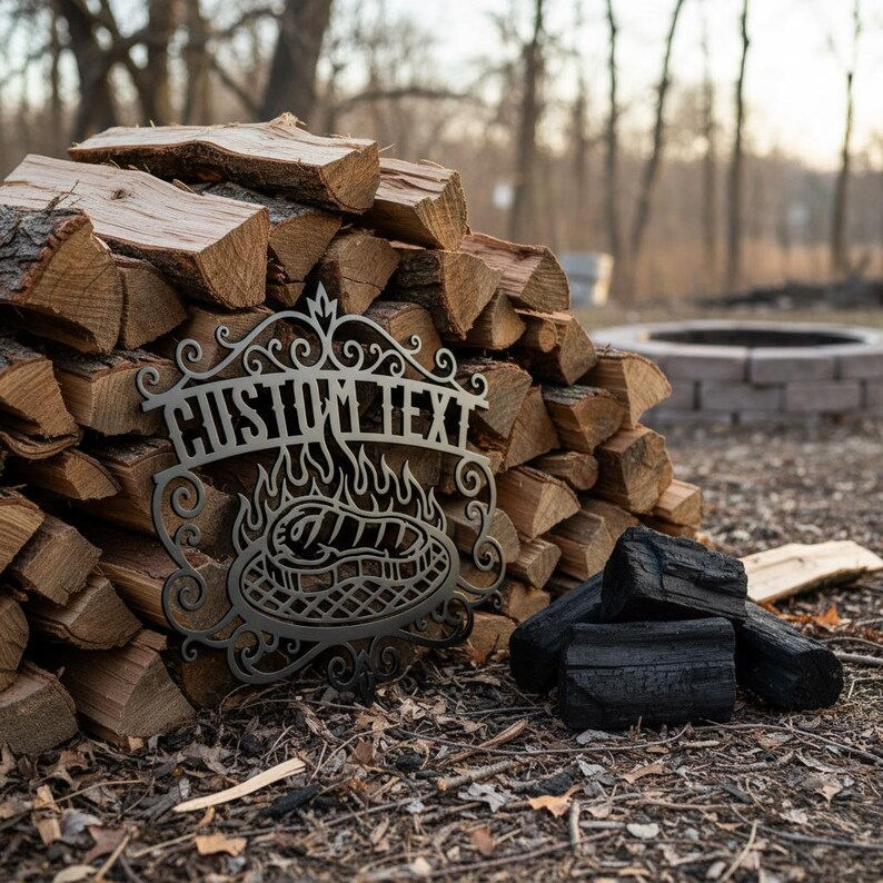 Puede incluir: Un letrero met&aacute;lico con la inscripci&oacute;n "CUSTOM TEXT" sobre un dise&ntilde;o de parrilla con llamas. El letrero est&aacute; colocado frente a una pila de le&ntilde;a y carb&oacute;n, ideal para cocinar al aire libre.