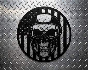 Tactical American Flag Skull Metal Art, Custom Veteran Wall Decor, Patriotic USA Flag Sign with Tech Skull, Garage Wall Art, Military Gift