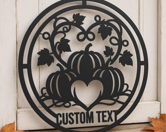 Personalized Pumpkin Metal Sign, Custom Name Fall Front Door Decor, Heart Vine Autumn Porch Wall Art, Thanksgiving Gift