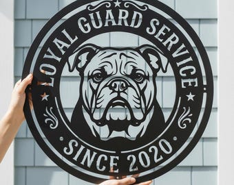 Personalized Bulldog Metal Sign, Custom Dog Name Round Wall Art, English Bulldog Guard Dog Decor, Pet Owner Gift, Beware of Dog Sign