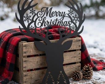 Merry Christmas Deer Head Metal Sign, Antler Snowflake Wall Art, Rustic Buck Christmas Tree Decor, Cabin Lodge Holiday Hanging Gift