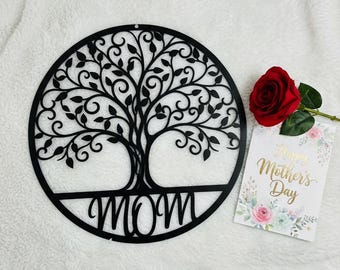MOM Tree of Life Metal Wall Art Circle Family Tree Sign Personalized Mother’s Day Gift Garden Decor Black Metal Wall Hanging Mom Gift