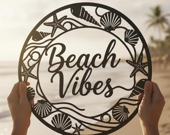 Beach Vibes Metal Sign, Seashell Starfish Wall Art, Coastal Round Sign, Beach House Decor, Nautical Gift Sign