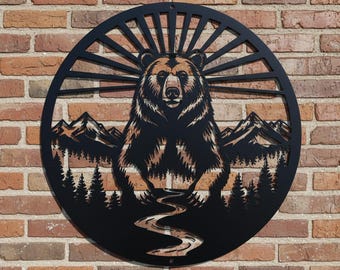 Metal Grizzly Bear Sunburst Wall Art - Mountain Forest River Sign - Circular Wildlife Nature Decor - Rustic Cabin Porch Hanging - Gift