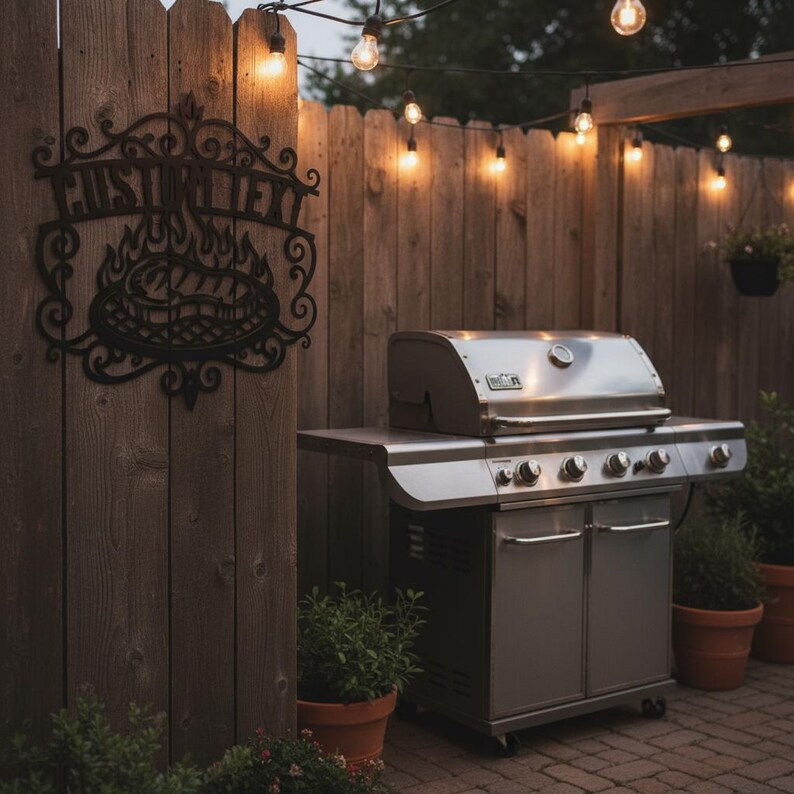 Puede incluir: Una parrilla de gas de acero inoxidable con term&oacute;metro y varios quemadores se encuentra en un patio de ladrillos. Un letrero decorativo de metal negro con el texto "CUSTOM TEXT" cuelga de una valla de madera. Luces de cadena est&aacute;n colgadas.