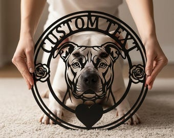 Pitbull Metal Wall Art, Custom Dog Name Sign, Personalized Pit Bull Terrier Gift, Dog Mom Dad Owner, Rose Heart Decor
